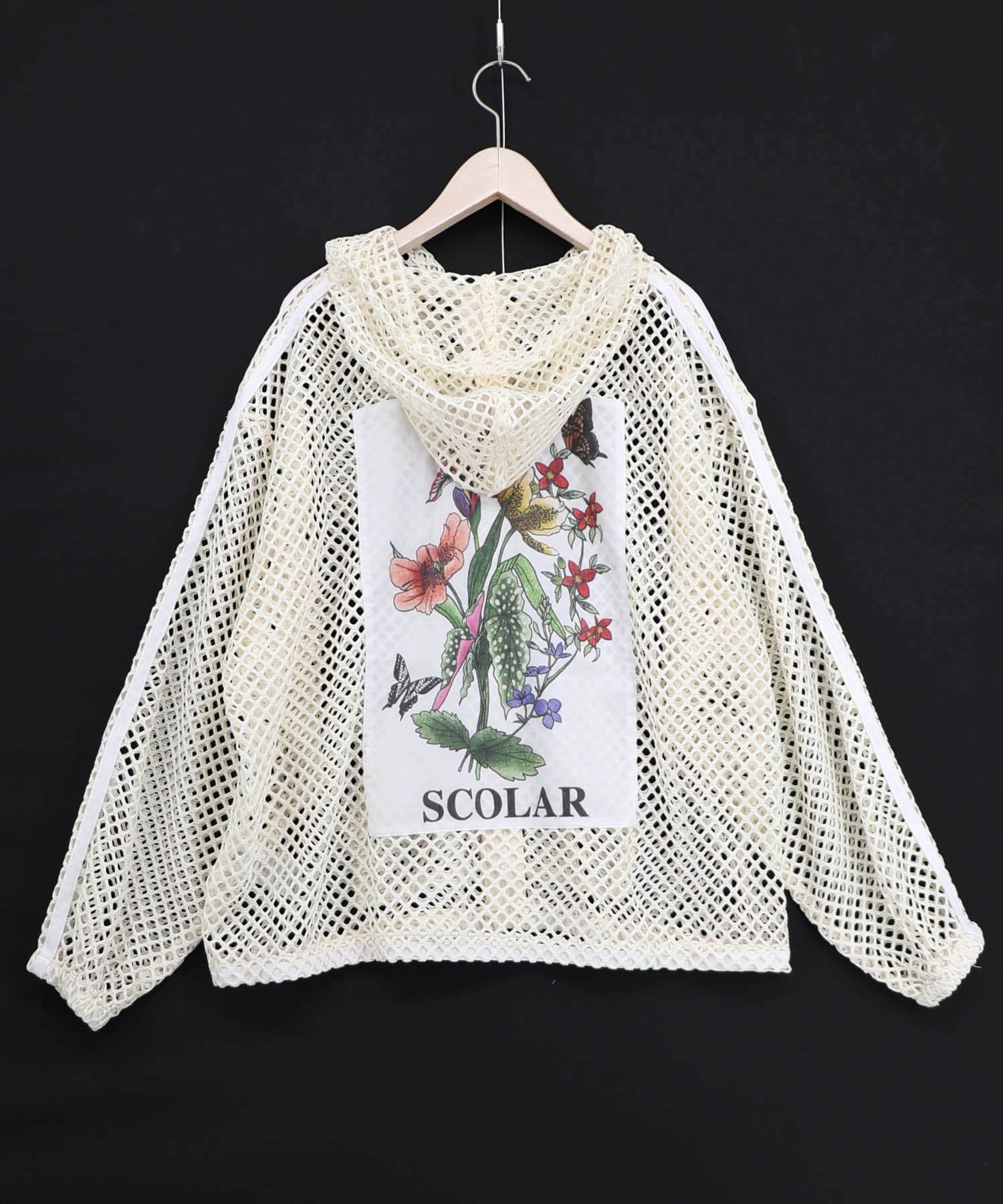 162687：熱帯花柄アップリケ付き ライン入りメッシュパーカーの通販-ScoLar