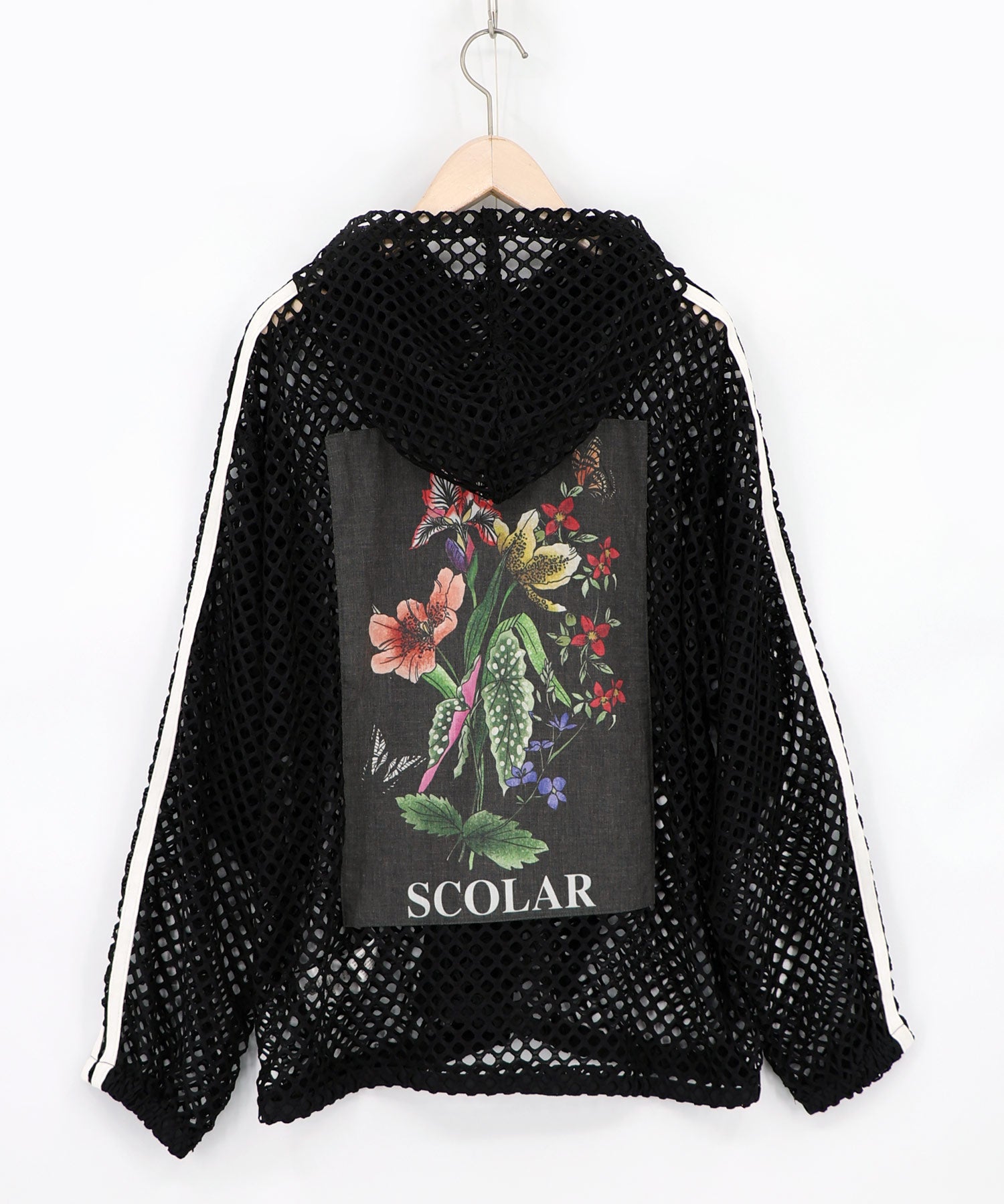 162687：熱帯花柄アップリケ付き ライン入りメッシュパーカーの通販-ScoLar