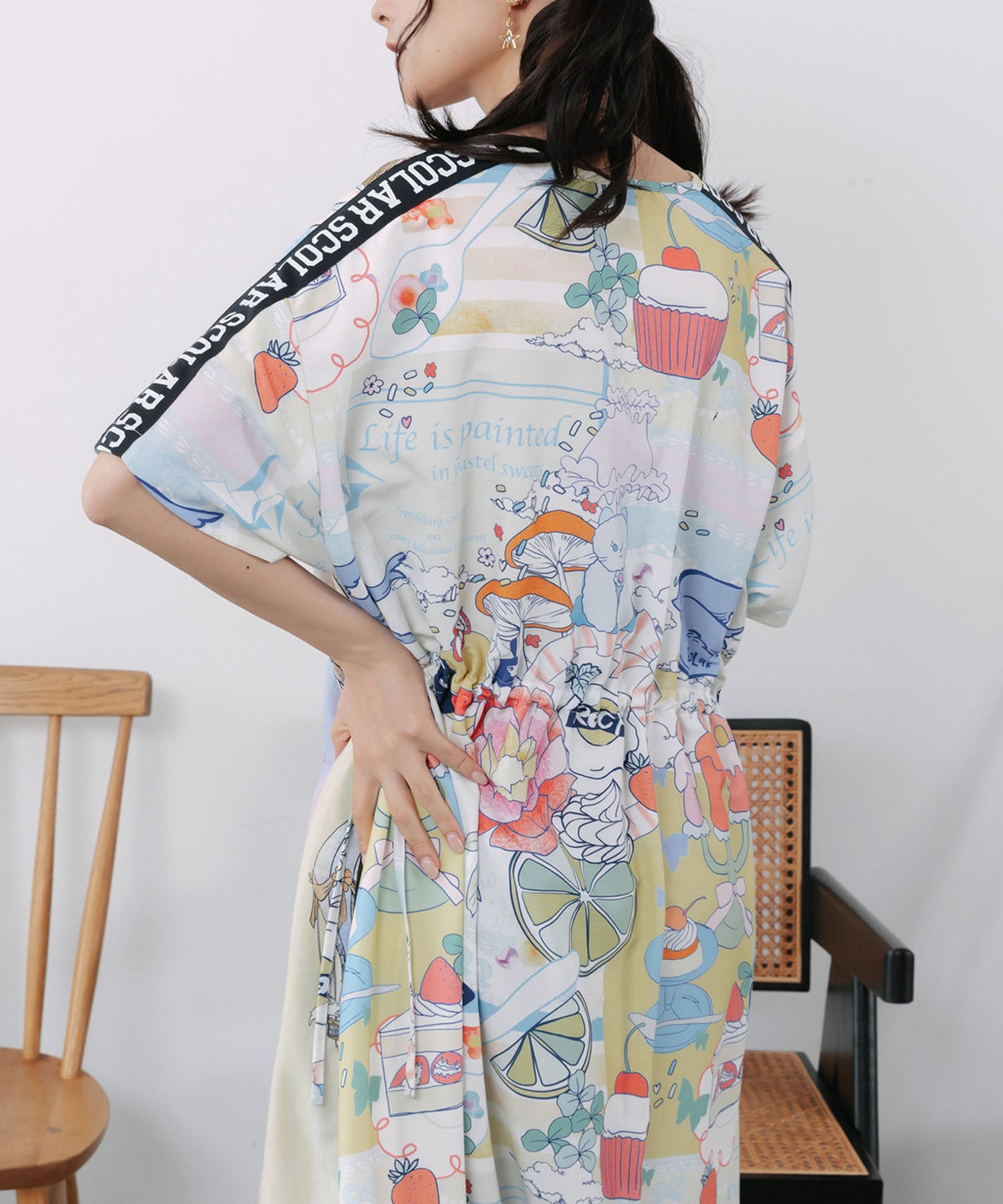 162686：気球柄×デザート柄 前後切替シャツワンピースの通販-ScoLar