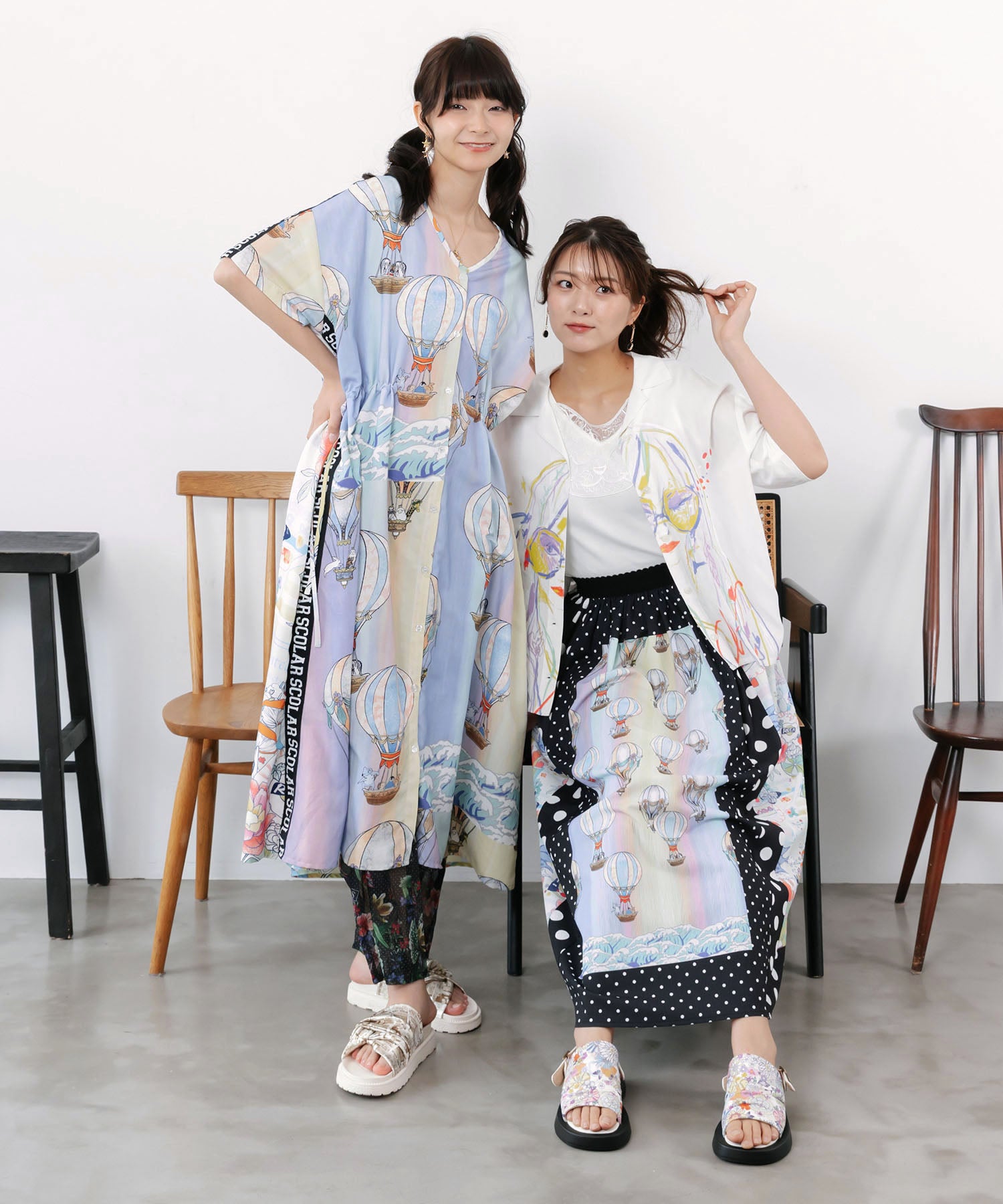 162686：気球柄×デザート柄 前後切替シャツワンピースの通販-ScoLar
