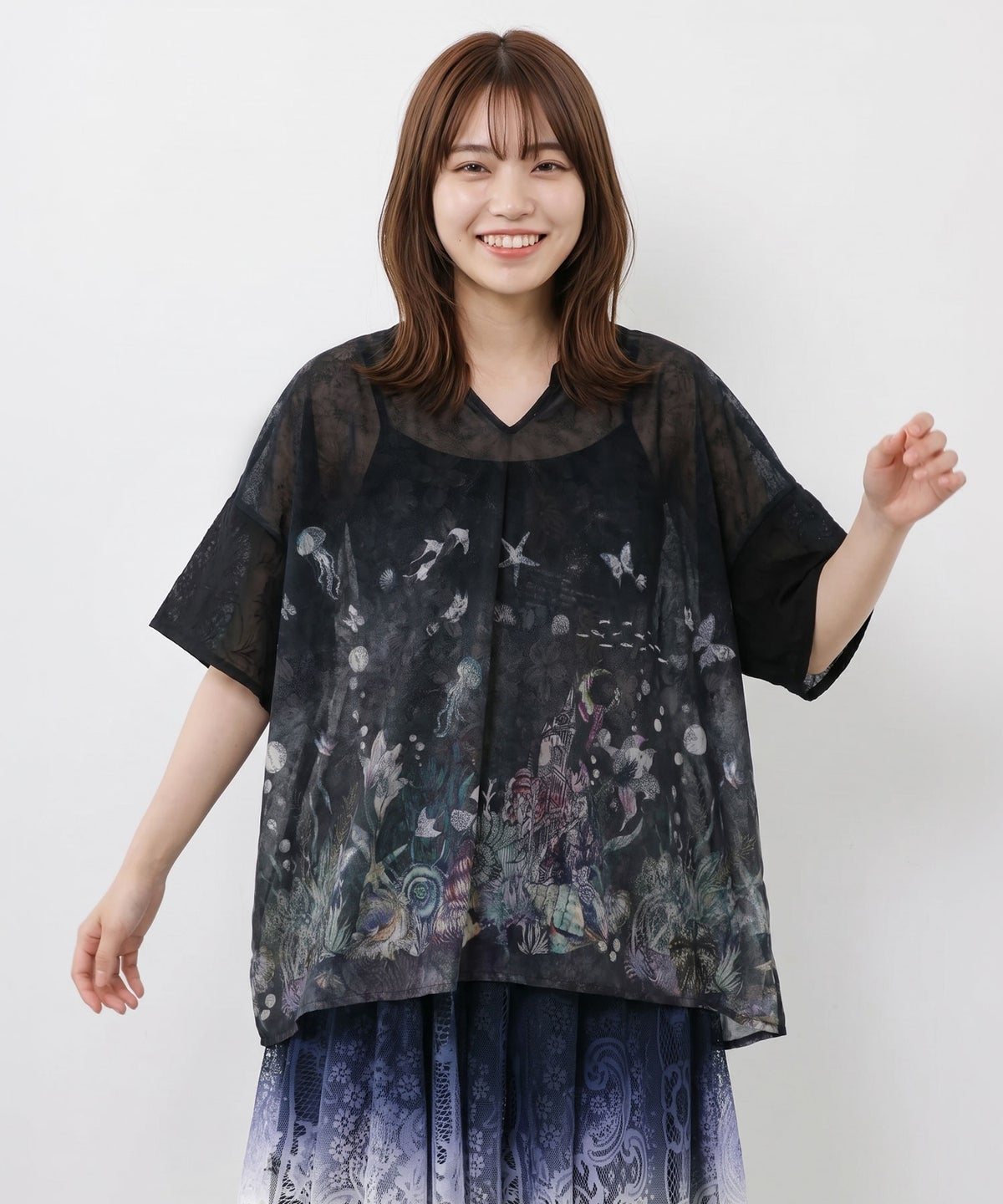 グラデ貝殻柄 花レースプルオーバー-1