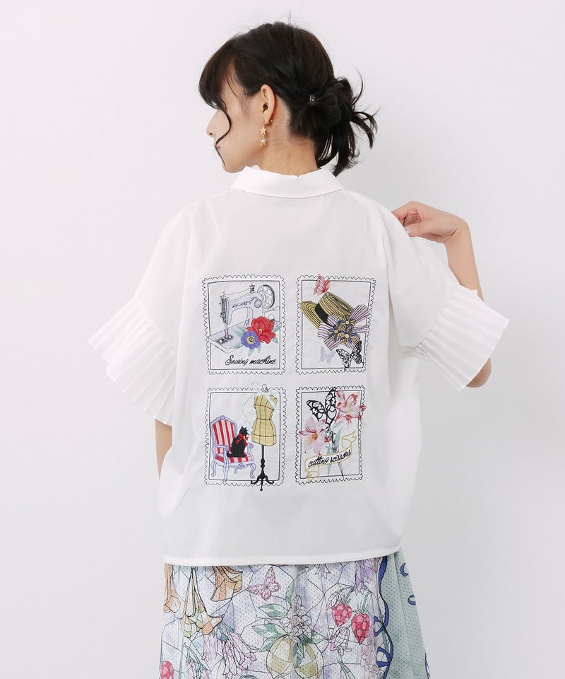 デザイナーの日常柄刺繍 袖プリーツ付きシャツ-5