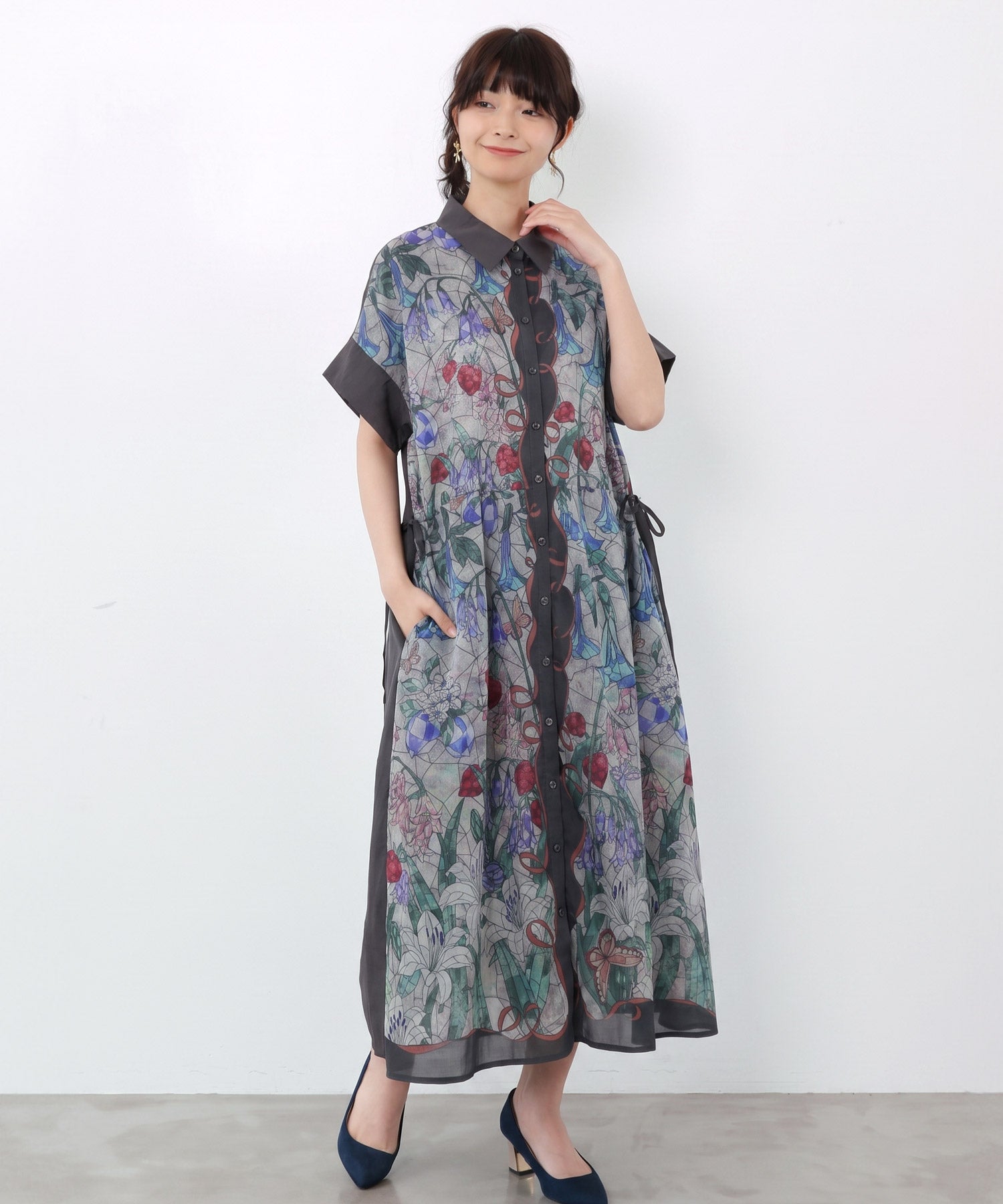 562233：ステンドグラス風花柄シャツワンピースの通販-ScoLar