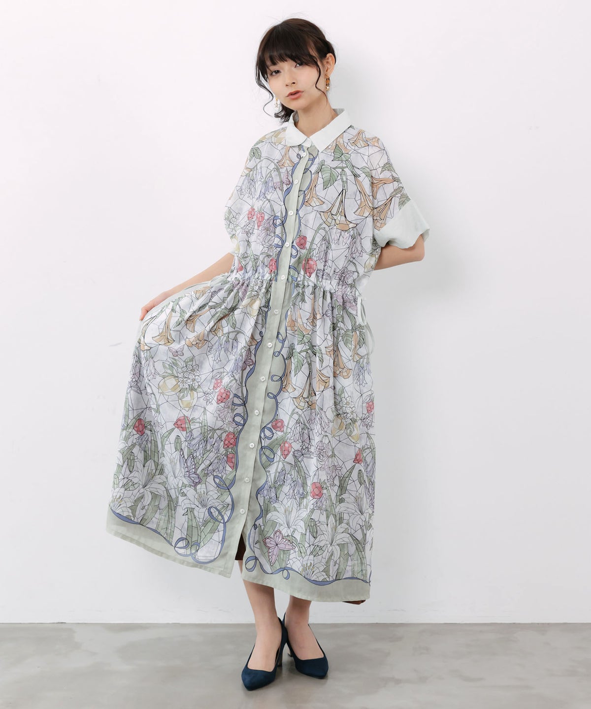 ステンドグラス風花柄シャツワンピース-1