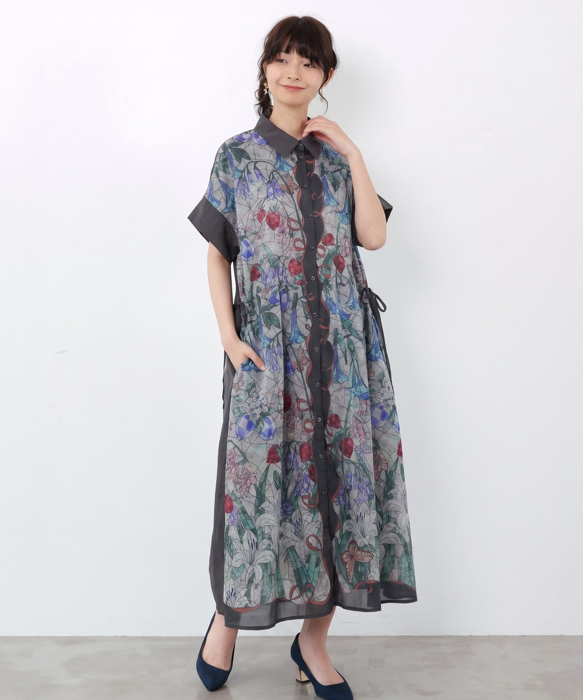 ステンドグラス風花柄シャツワンピース-1