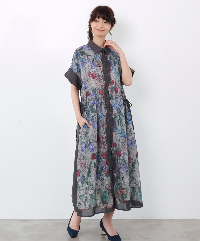 ステンドグラス風花柄シャツワンピース-1