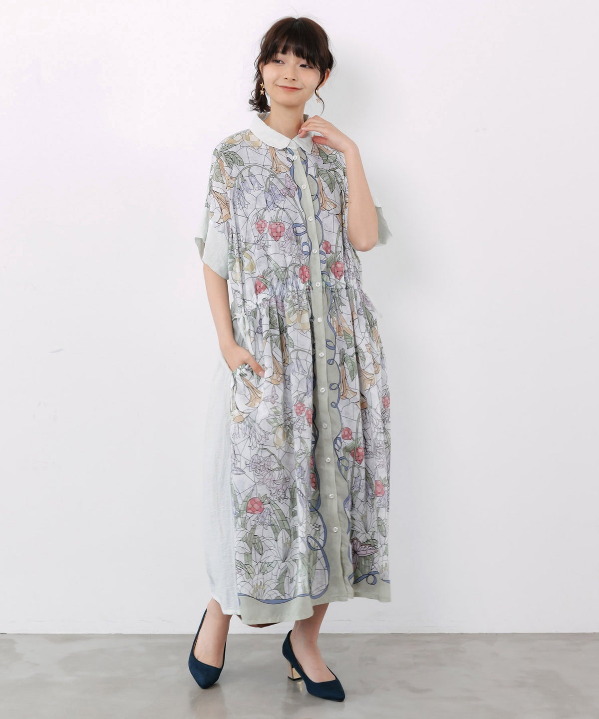 ステンドグラス風花柄シャツワンピース-2