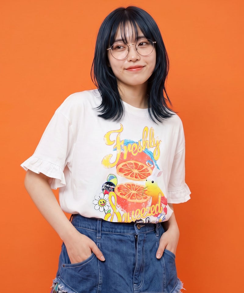 オレンジ大好きうさぎ柄 フリル付きTシャツ-1