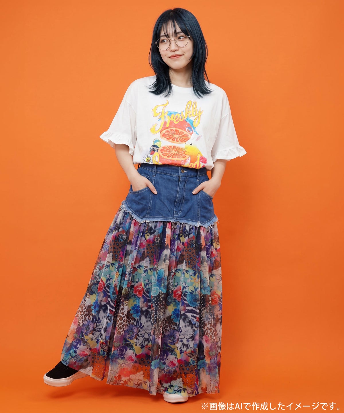 オレンジ大好きうさぎ柄 フリル付きTシャツ-2