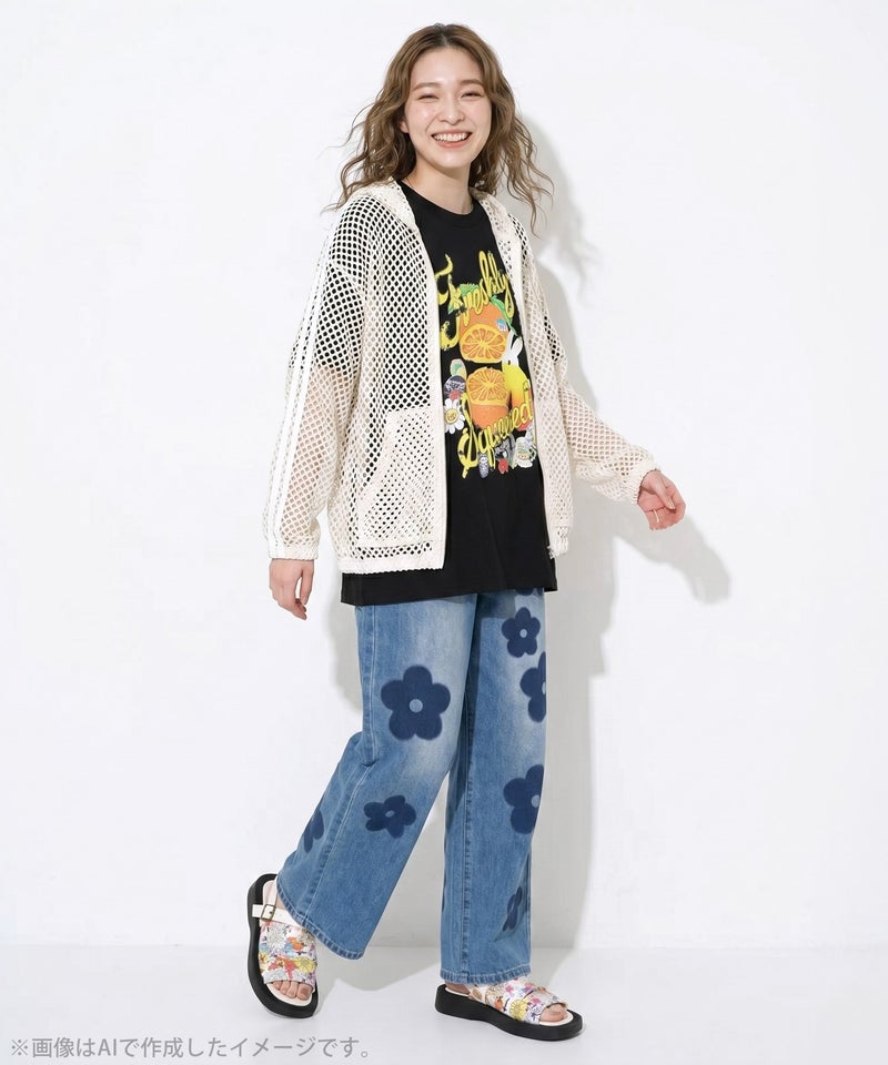 オレンジ大好きうさぎ柄 フリル付きTシャツ-3