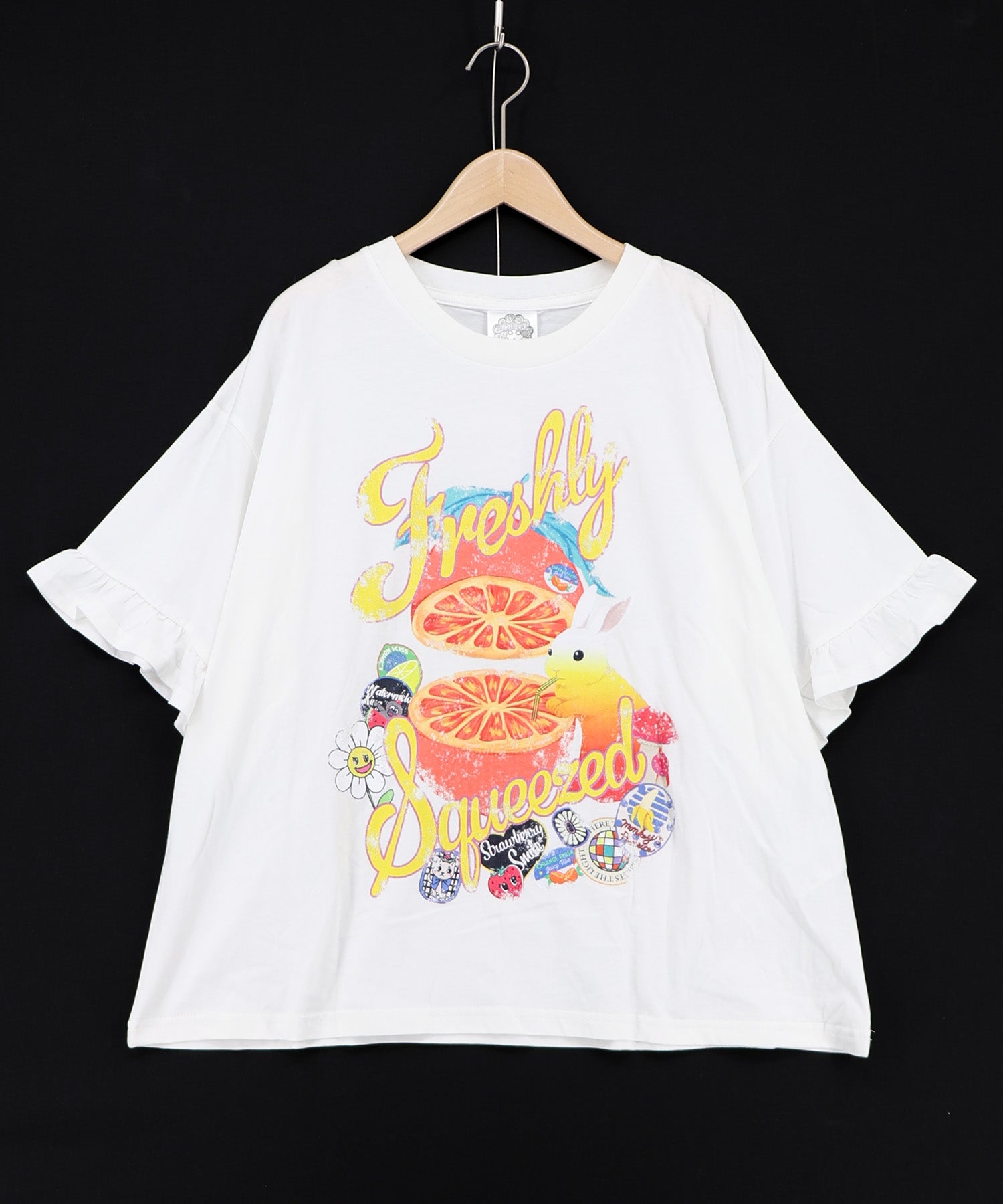 162708：オレンジ大好きうさぎ柄 フリル付きTシャツの通販-ScoLar