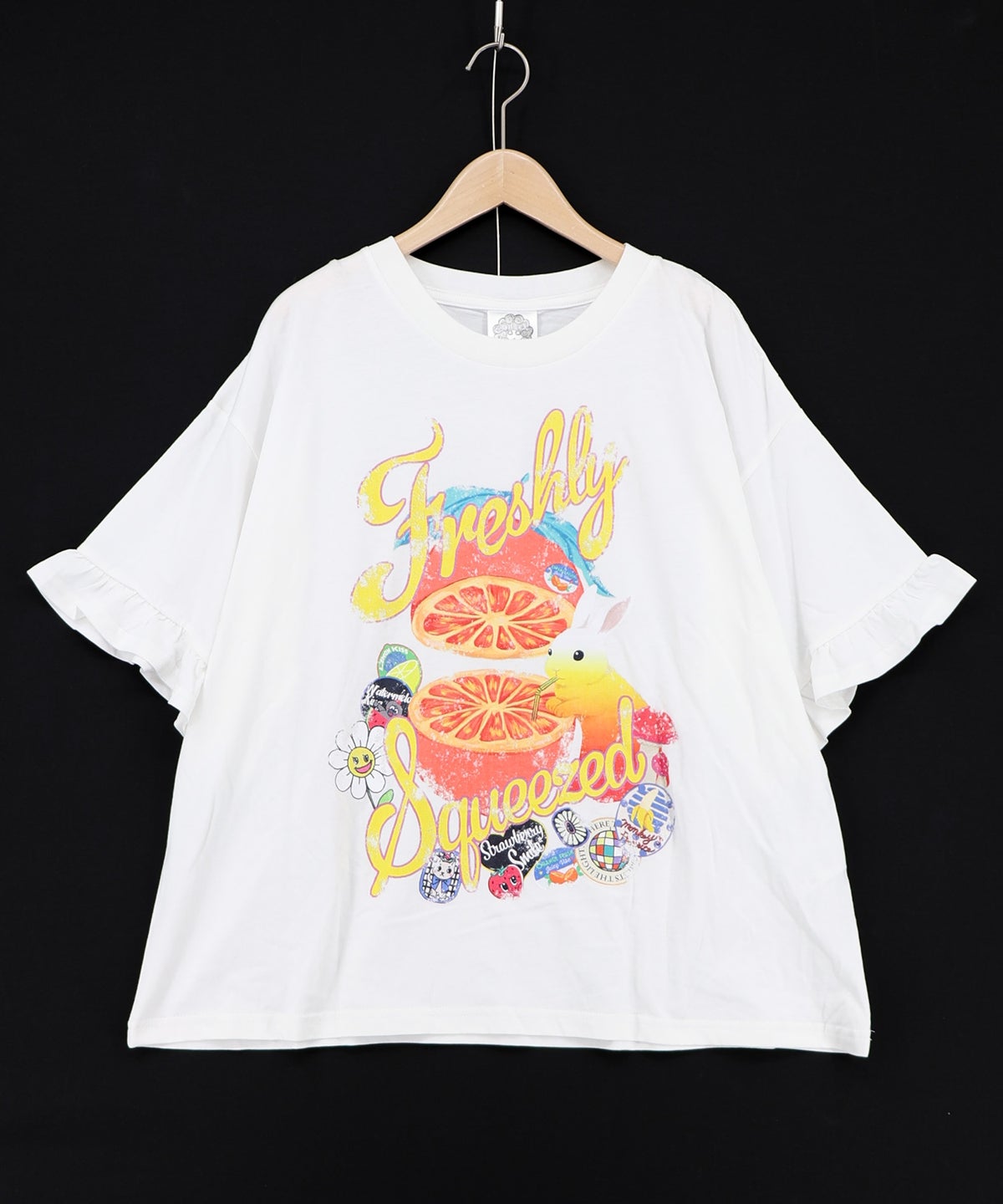 オレンジ大好きうさぎ柄 フリル付きTシャツ-4