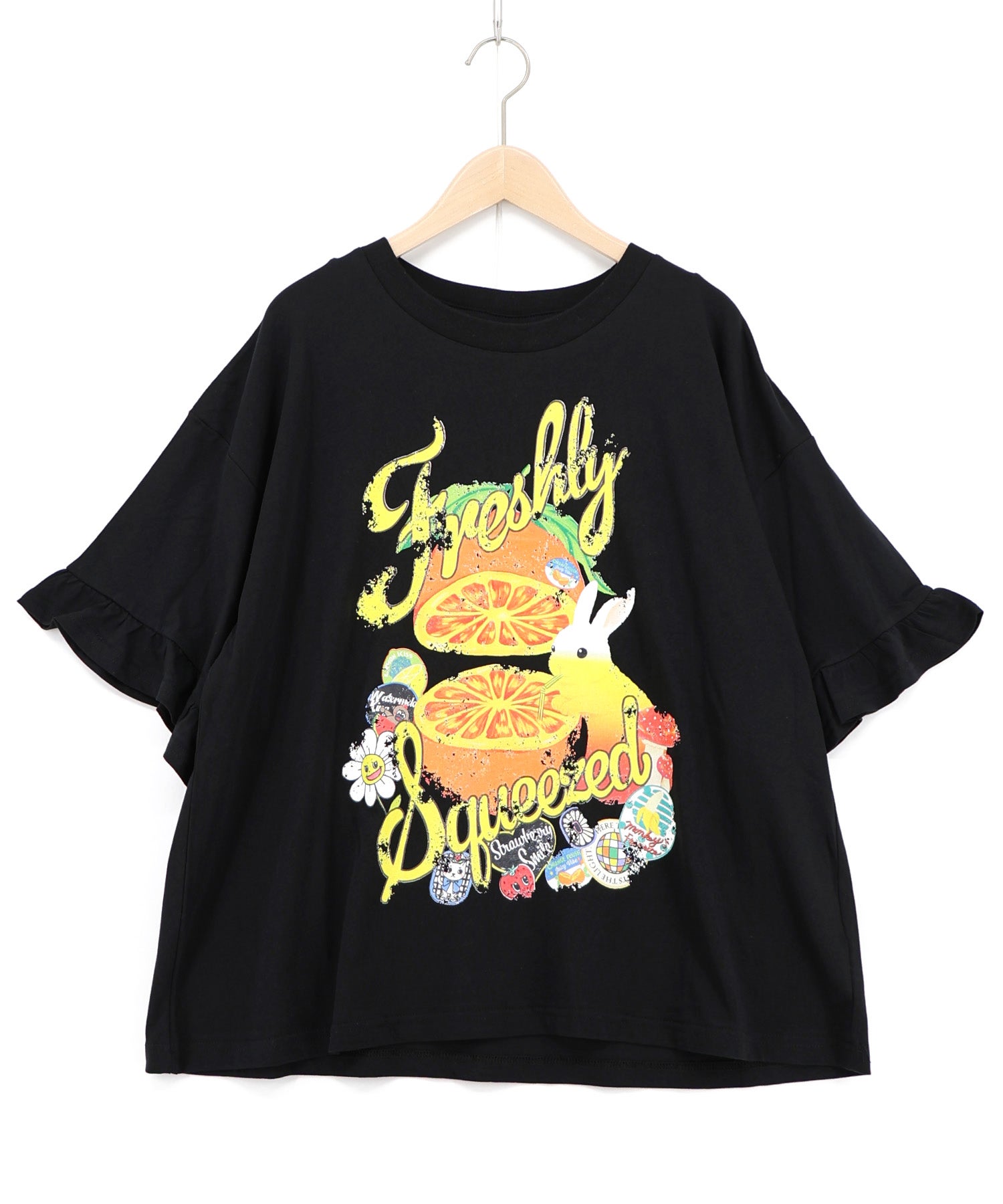 162708：オレンジ大好きうさぎ柄 フリル付きTシャツの通販-ScoLar