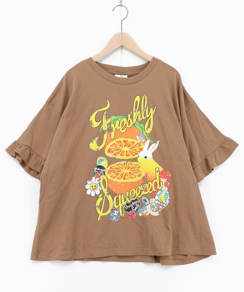 オレンジ大好きうさぎ柄 フリル付きTシャツ-8