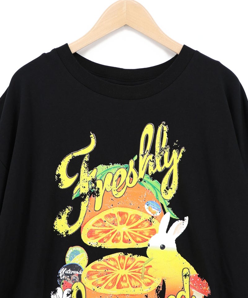 オレンジ大好きうさぎ柄 フリル付きTシャツ-10