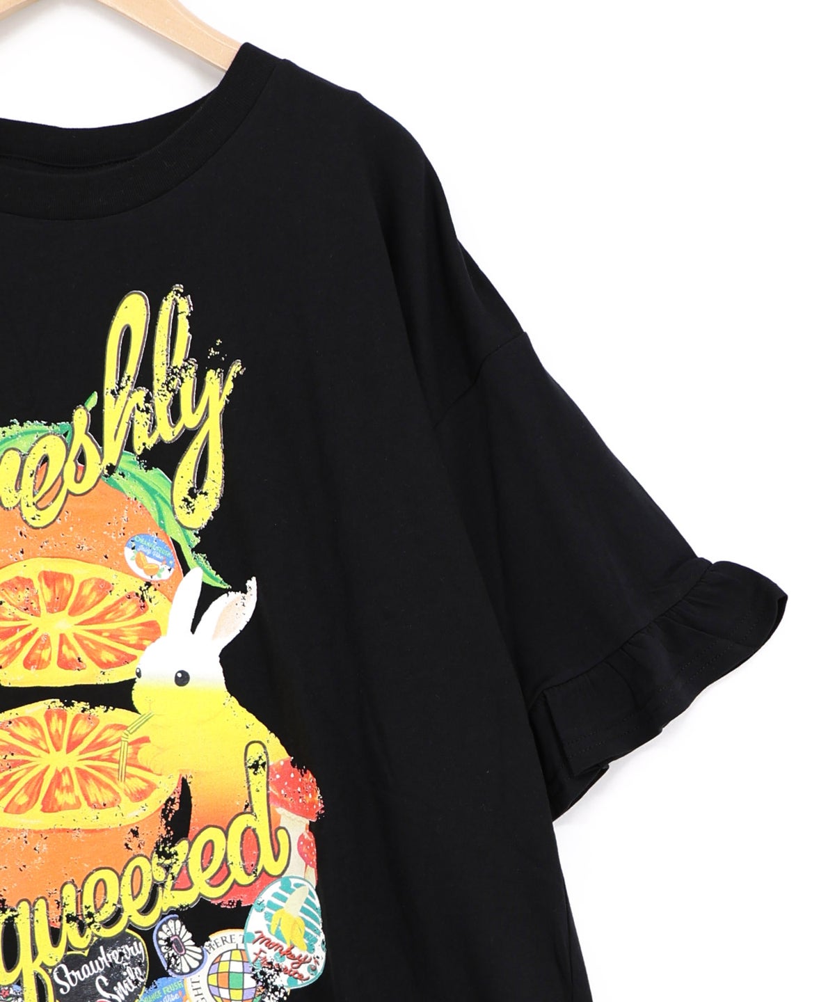オレンジ大好きうさぎ柄 フリル付きTシャツ-11