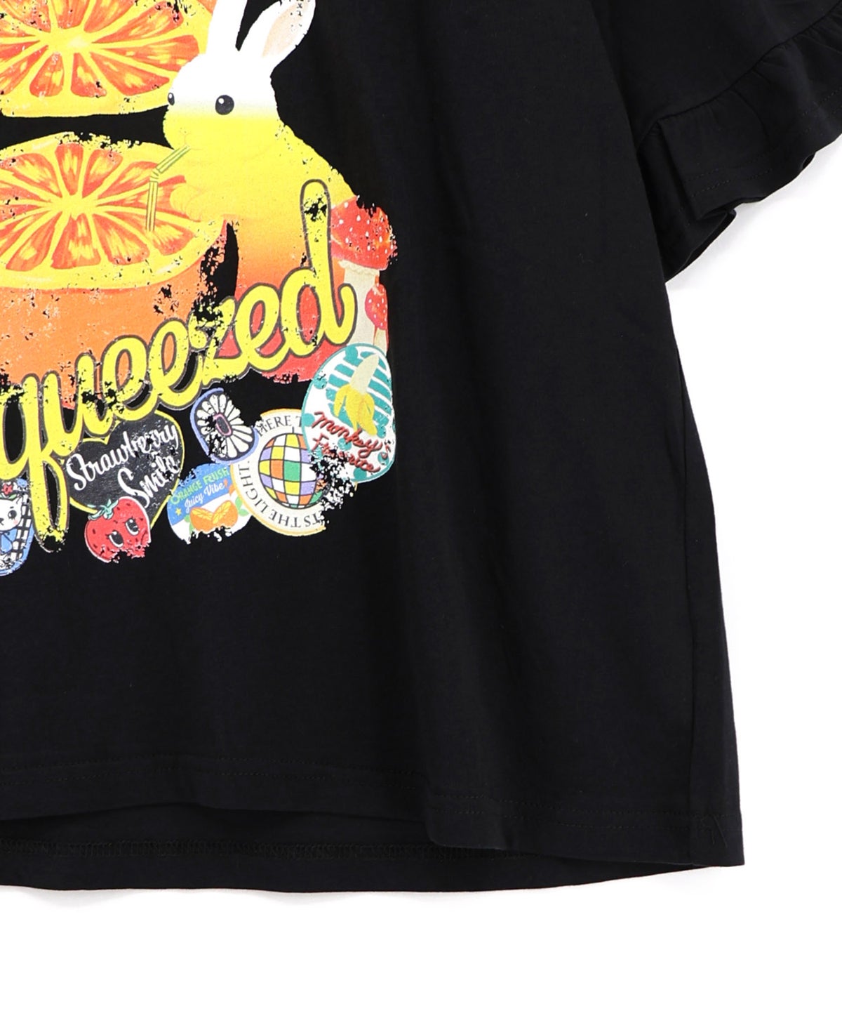 オレンジ大好きうさぎ柄 フリル付きTシャツ-13
