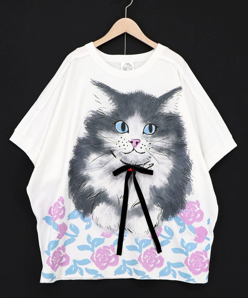 リボン付き もふもふハチワレネコ柄Tシャツ-9