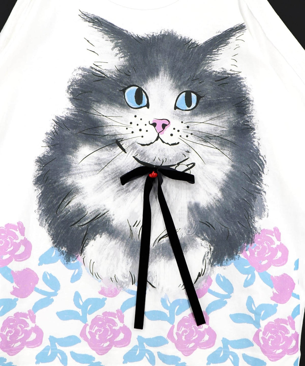 リボン付き もふもふハチワレネコ柄Tシャツ-11