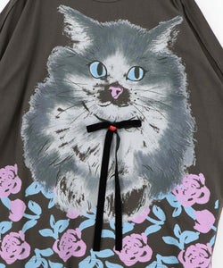 リボン付き もふもふハチワレネコ柄Tシャツ-14