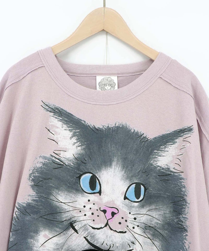 リボン付き もふもふハチワレネコ柄Tシャツ-18
