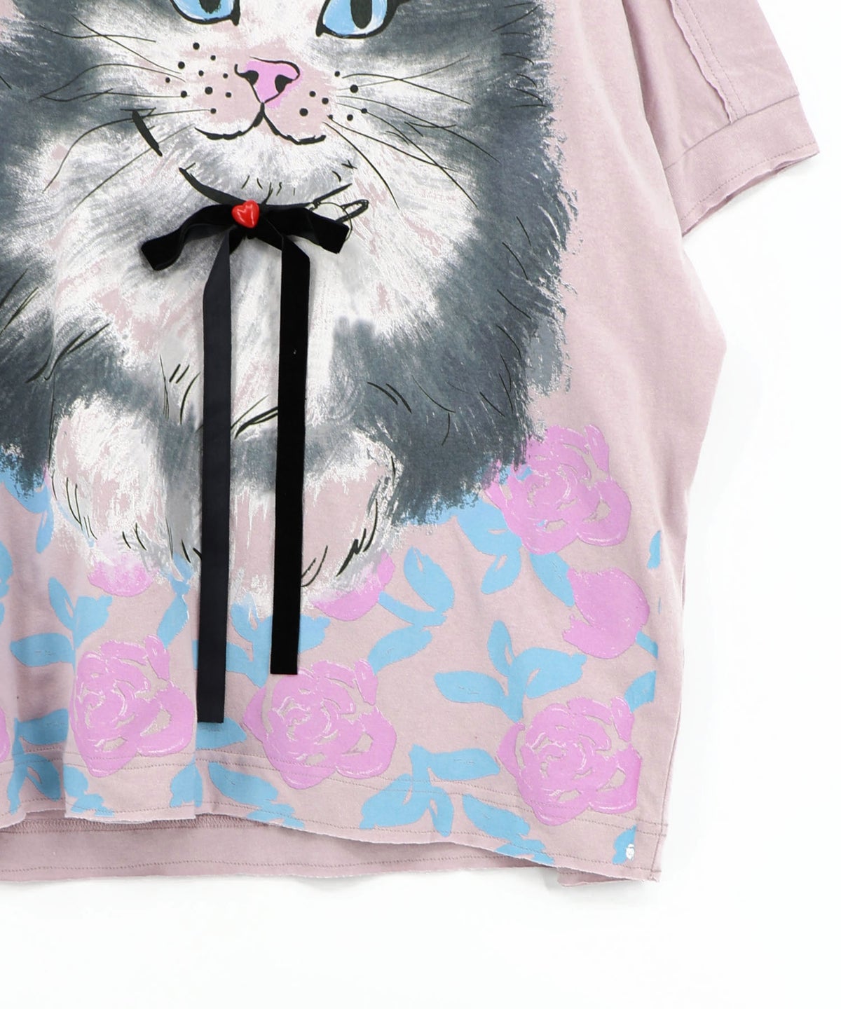 リボン付き もふもふハチワレネコ柄Tシャツ-20