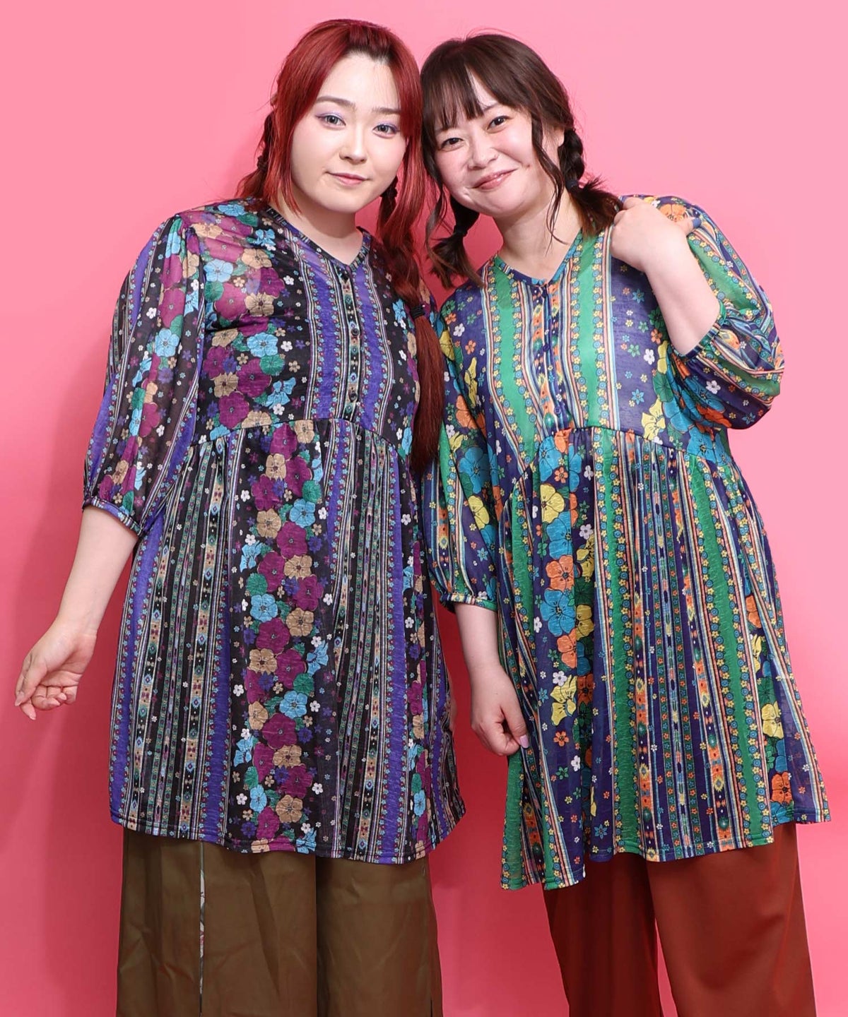 民族調 配色花柄Vネックシャツチュニック-1