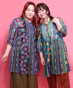 162727：民族調 配色花柄Vネックシャツチュニックの通販-ScoLar