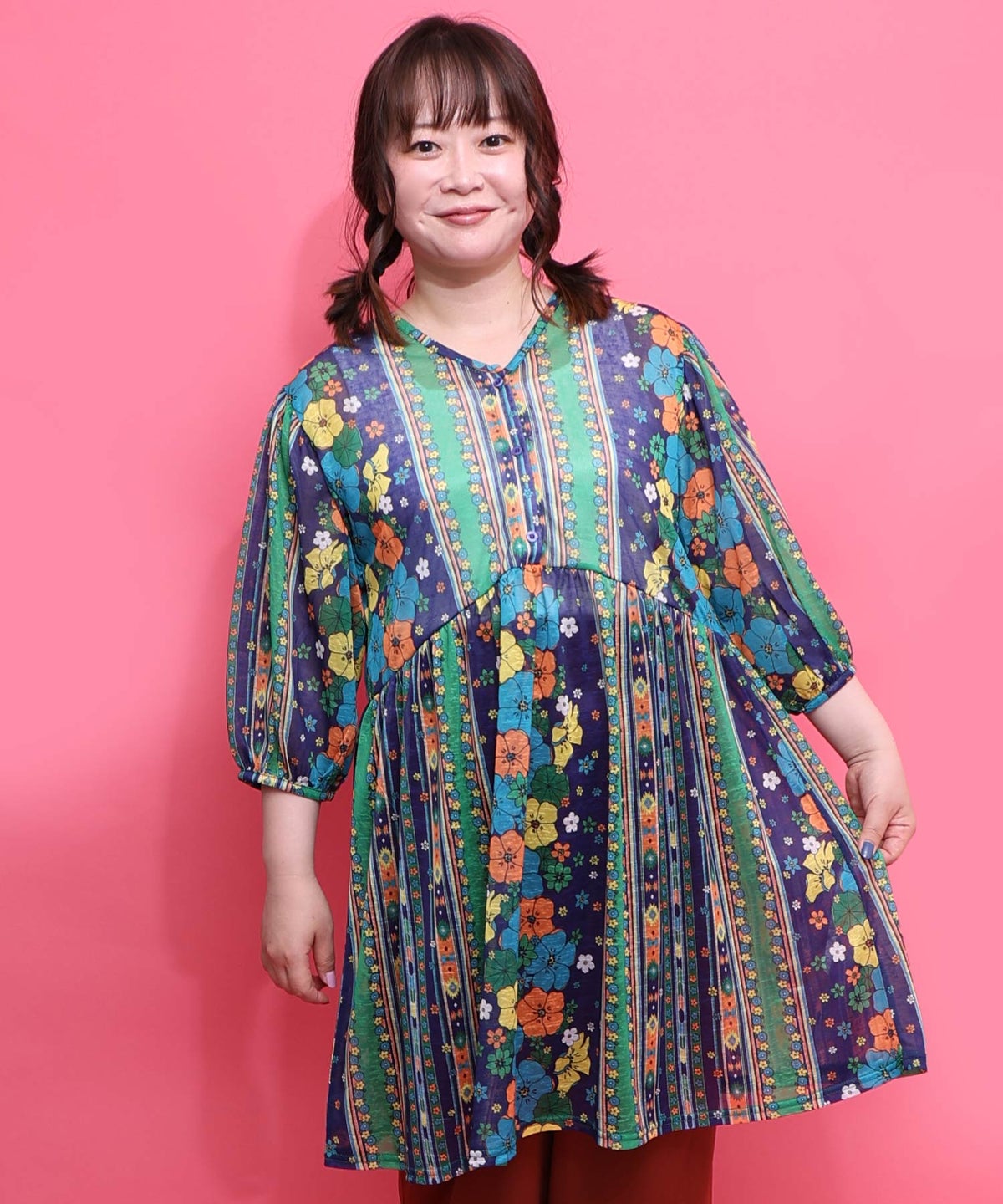 民族調 配色花柄Vネックシャツチュニック-2