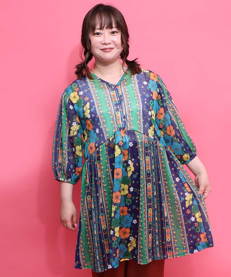 民族調 配色花柄Vネックシャツチュニック-2