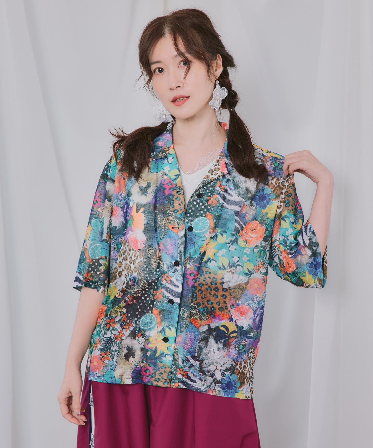 162726：スカラー ポスターコラージュ柄or花ネコ柄シャツの通販-ScoLar