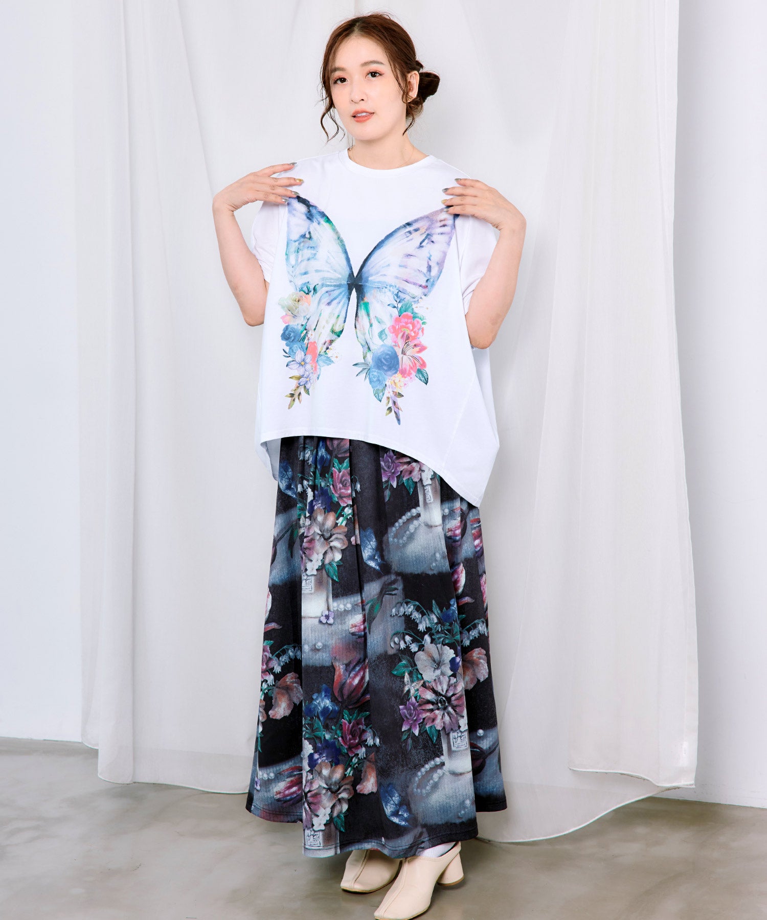 562262：水彩調 花蝶柄シルケットタッチプルオーバーの通販-ScoLar