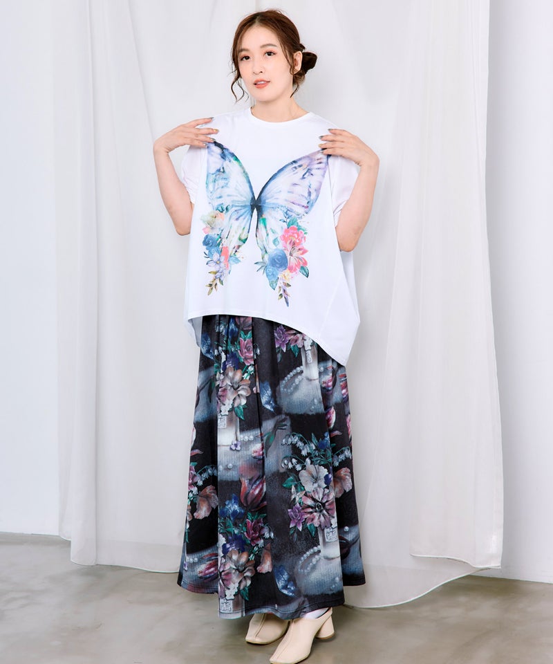 水彩調 花蝶柄シルケットタッチプルオーバー-2