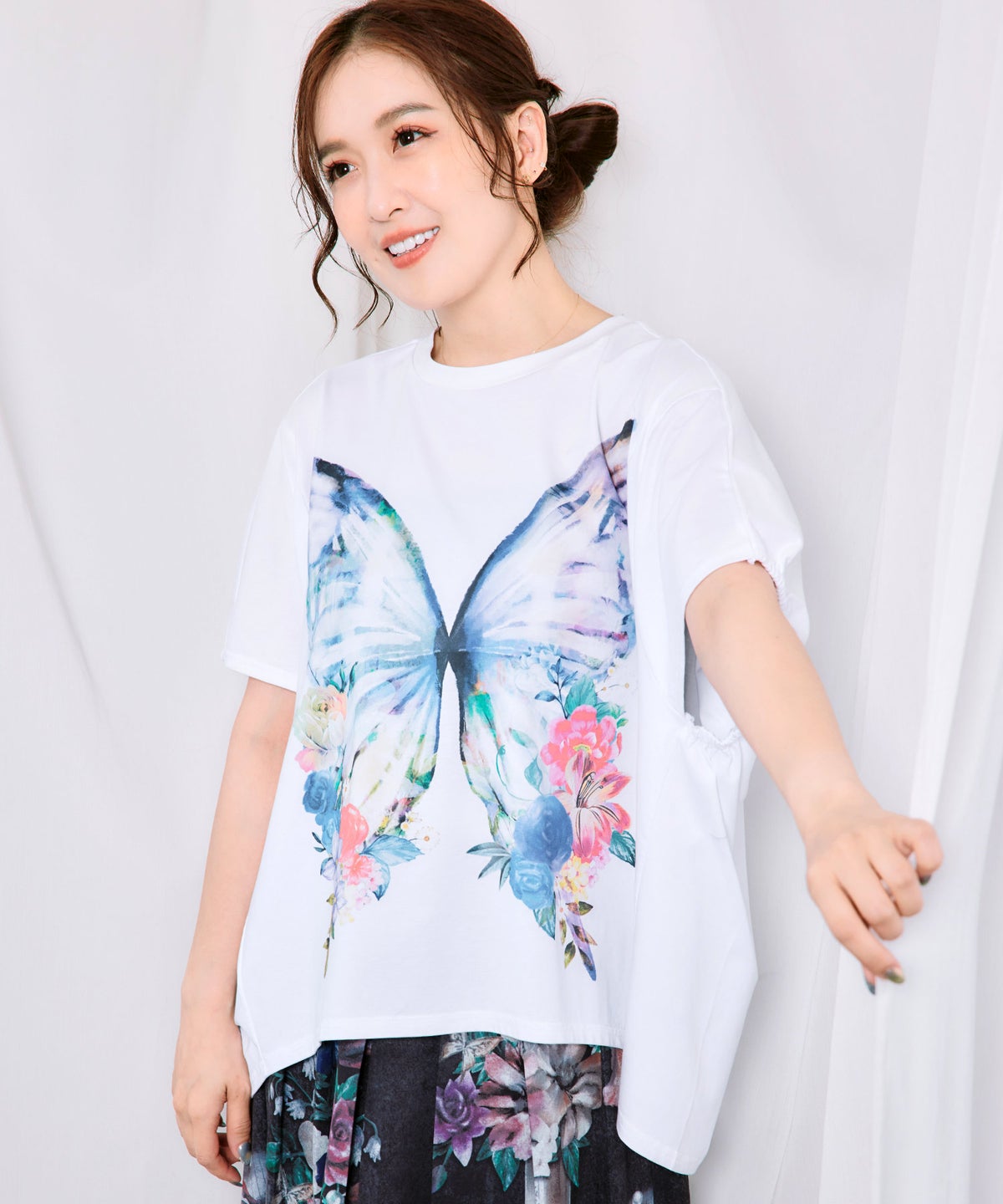 水彩調 花蝶柄シルケットタッチプルオーバー-5