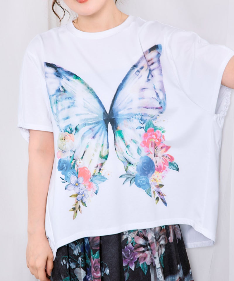 水彩調 花蝶柄シルケットタッチプルオーバー-6