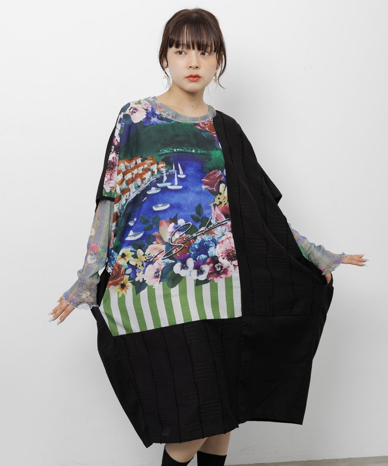 花咲く海辺の街並み柄 アシメドレープワンピース-4