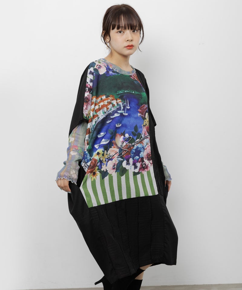 花咲く海辺の街並み柄 アシメドレープワンピース-6