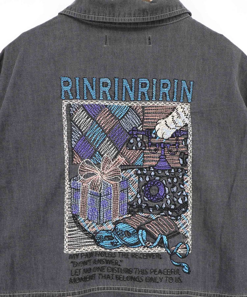 テレフォン柄バック刺繍 デニムジャケット-18