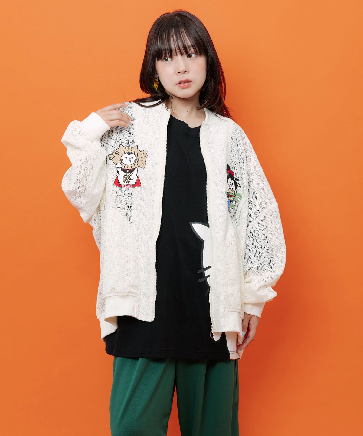 招きタイネコ×はんなりクマ 刺繍レースブルゾン-2