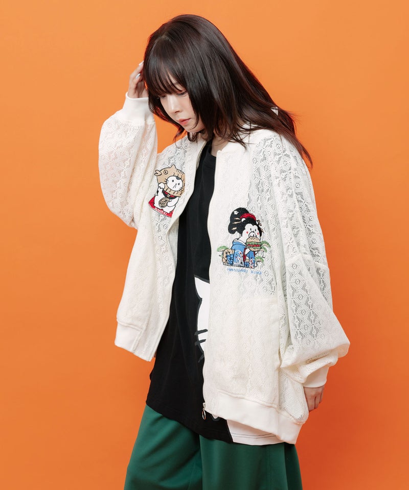 招きタイネコ×はんなりクマ 刺繍レースブルゾン-3