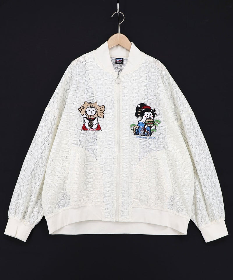 招きタイネコ×はんなりクマ 刺繍レースブルゾン-10