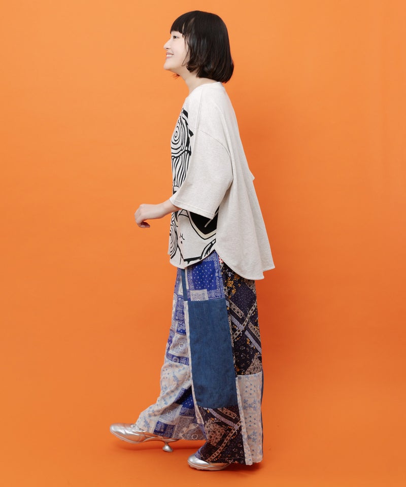 レース×バンダナ柄×花柄 パッチワーク風パンツ-3