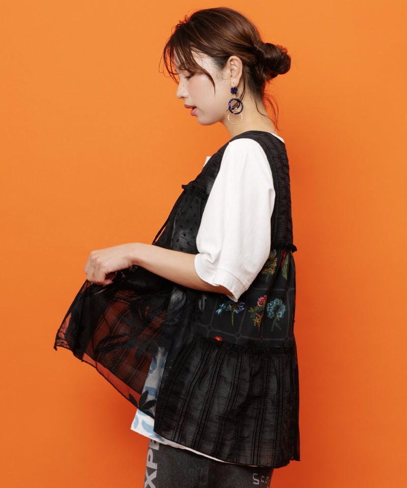 花柄×シフォン×レース 異素材シアージレ-3