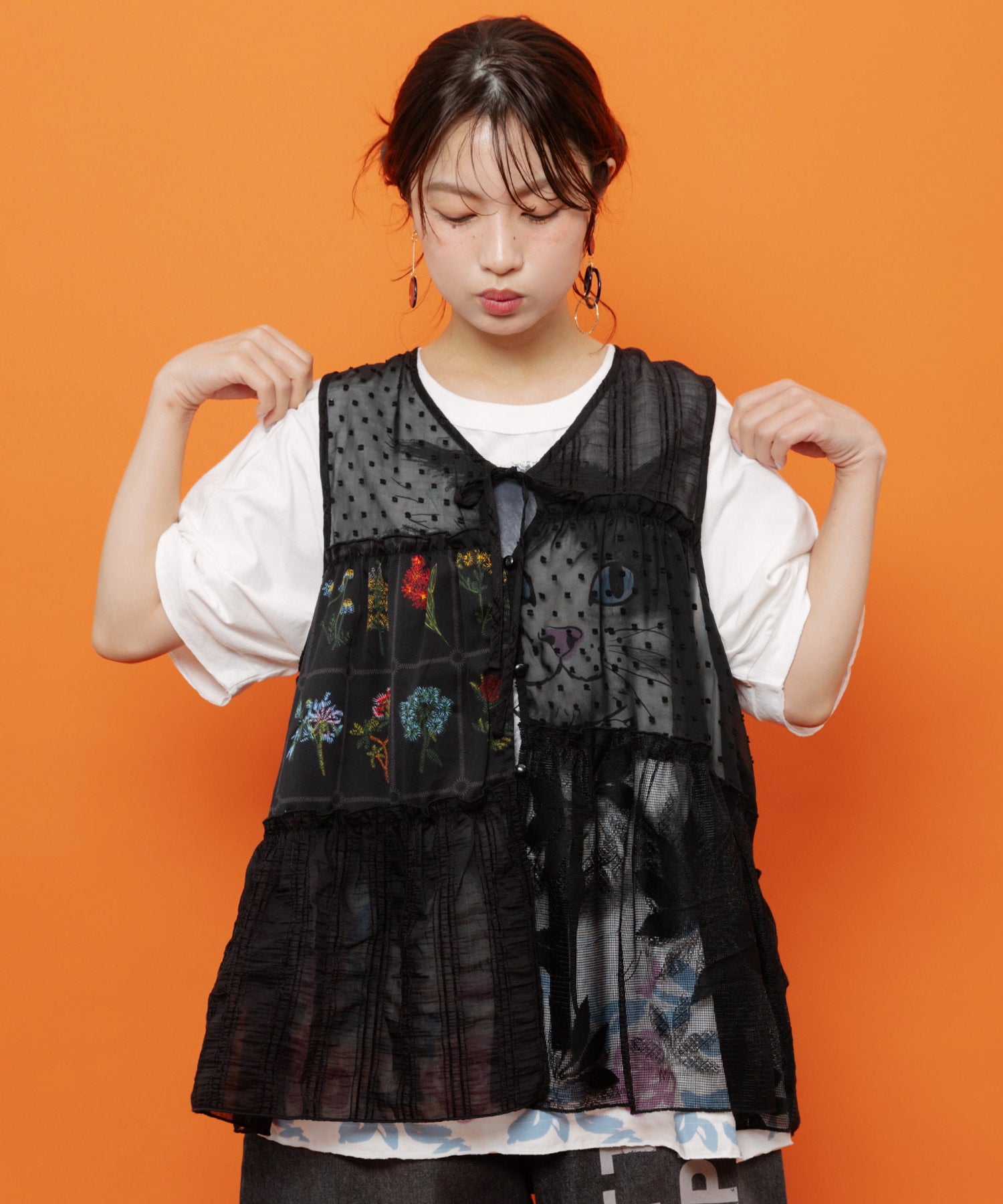 162740：花柄×シフォン×レース 異素材シアージレの通販-ScoLar