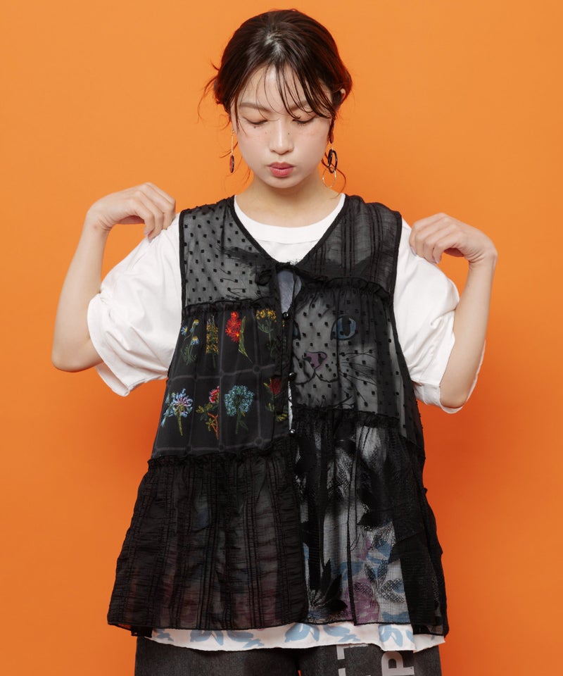 花柄×シフォン×レース 異素材シアージレ-6