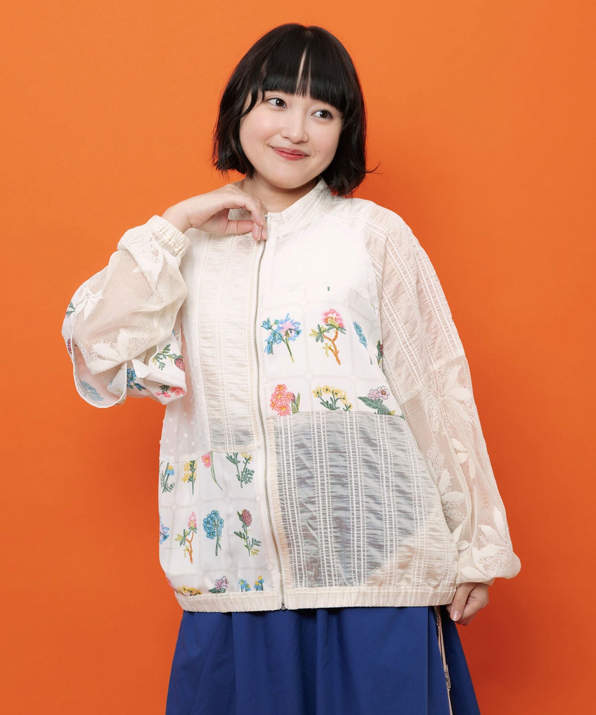 花柄×シフォン×レース 異素材シアーブルゾン-1