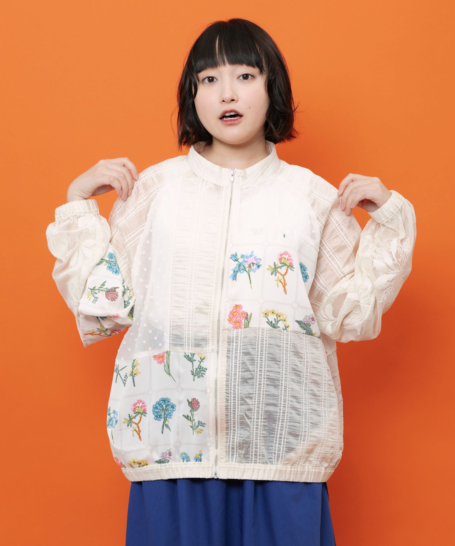 162739：花柄×シフォン×レース 異素材シアーブルゾンの通販-ScoLar
