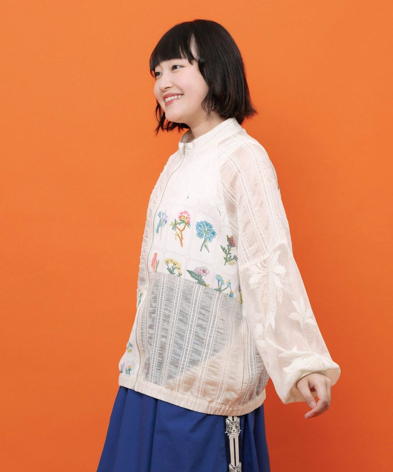 花柄×シフォン×レース 異素材シアーブルゾン-6