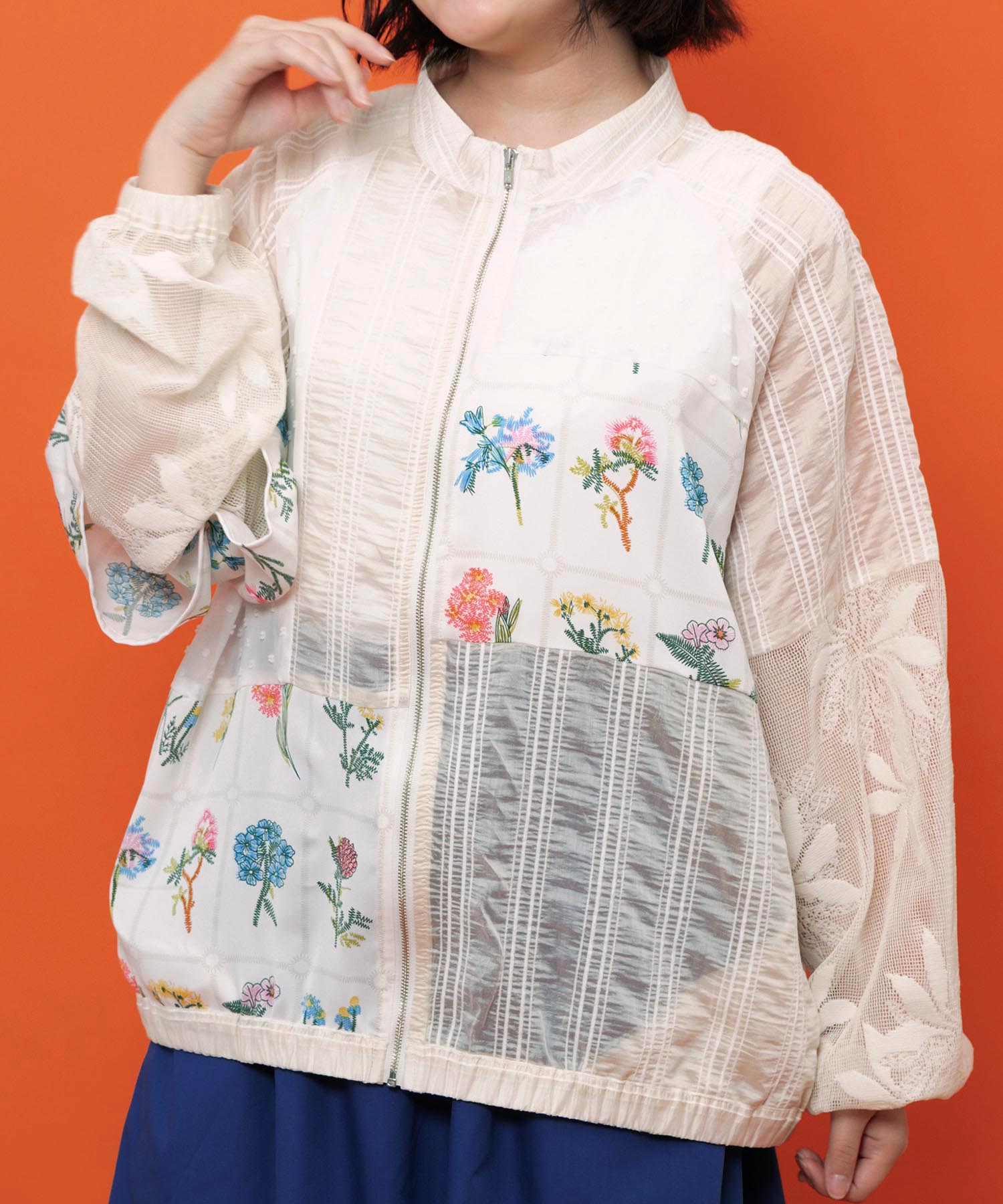 162739：花柄×シフォン×レース 異素材シアーブルゾンの通販-ScoLar
