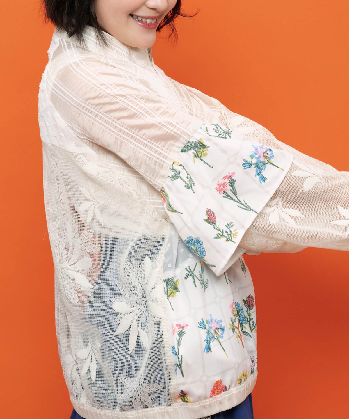 花柄×シフォン×レース 異素材シアーブルゾン-8